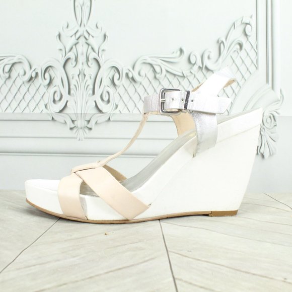 Dune Cream Silver Leather Buckles Ankle Strap Heels Sandals Size 7 EU 37 - Picture 1 of 8